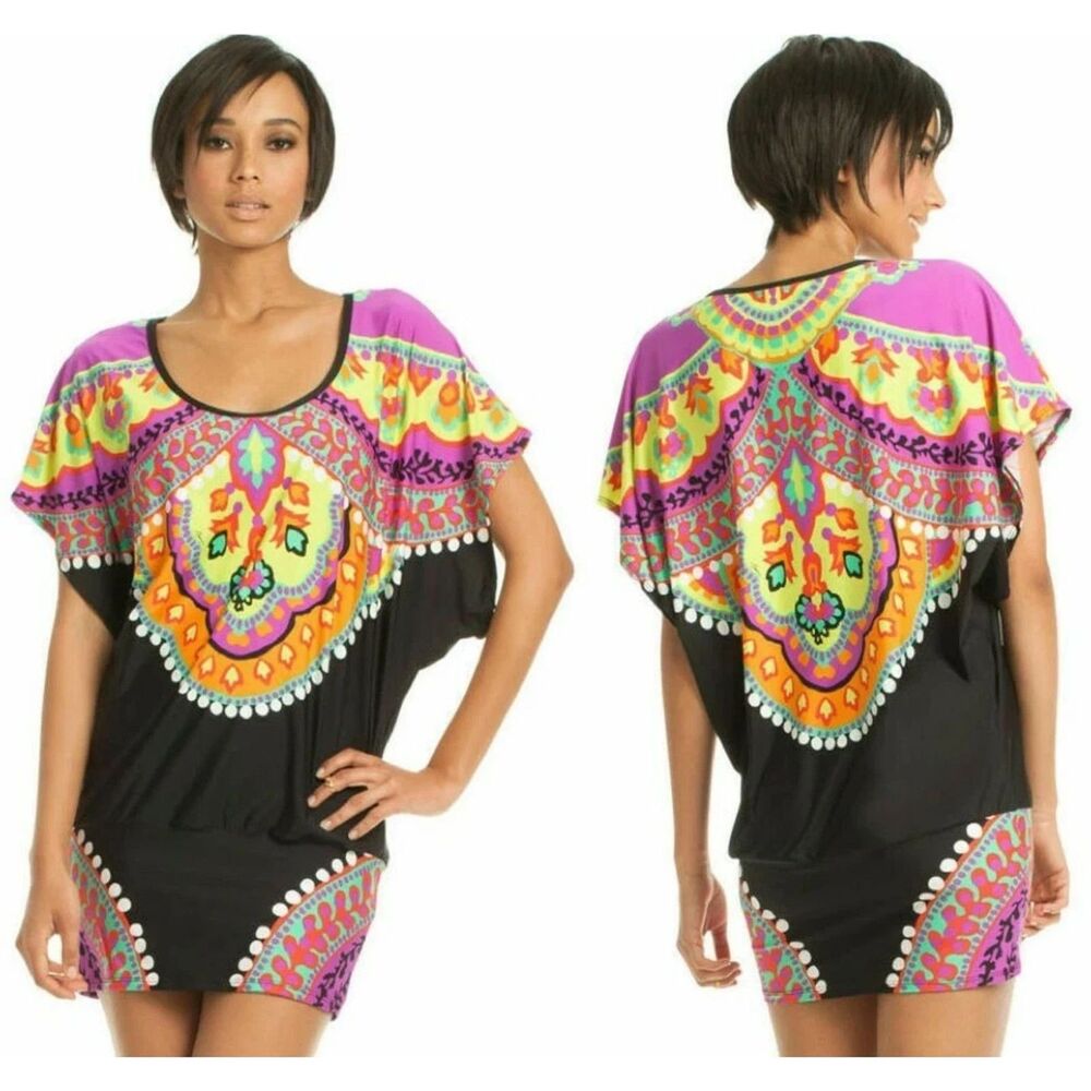 Trina Turk Nuevo Sol Cover-Up Tunic Dress S Boho Resort Folkloric Festival Style